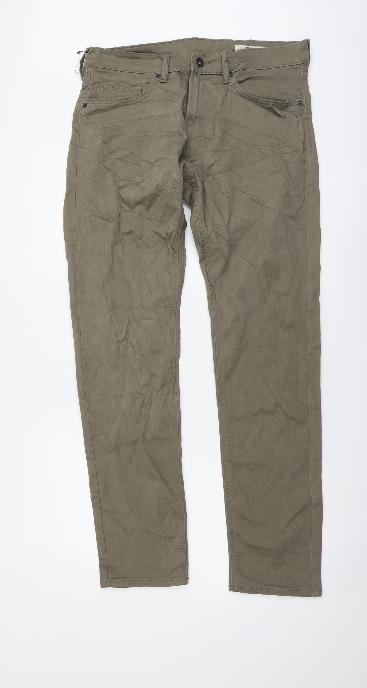 Marks and Spencer Mens Green Cotton Straight Jeans Size 34 in L33 in Regular Button