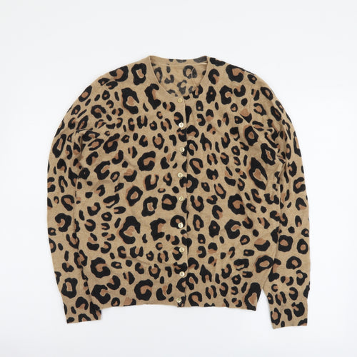 Marks and Spencer Womens Brown Round Neck Animal Print Cashmere Cardigan Jumper Size 14 - Leopard pattern