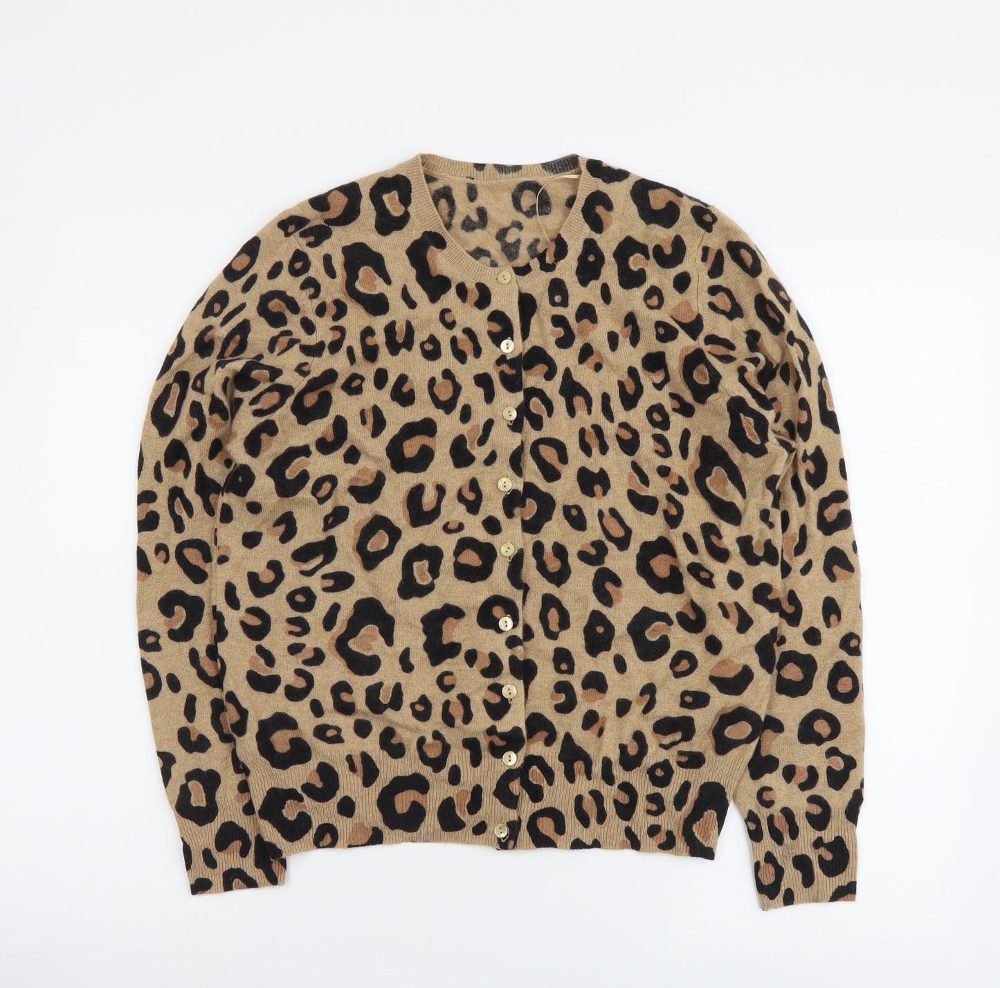 Marks and Spencer Womens Brown Round Neck Animal Print Cashmere Cardigan Jumper Size 14 - Leopard pattern