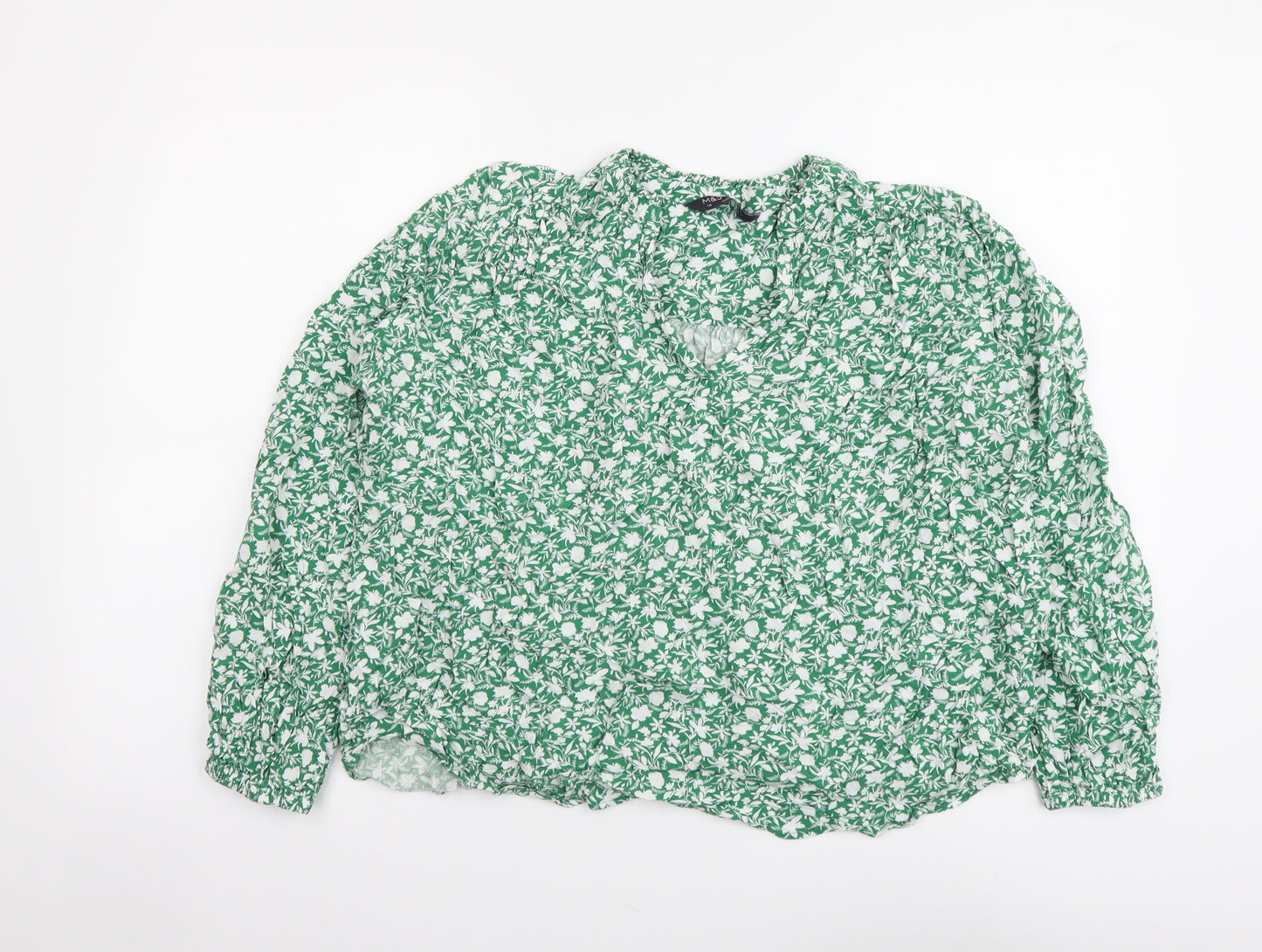 Marks and Spencer Womens Green Floral Viscose Basic Blouse Size 14 V-Neck