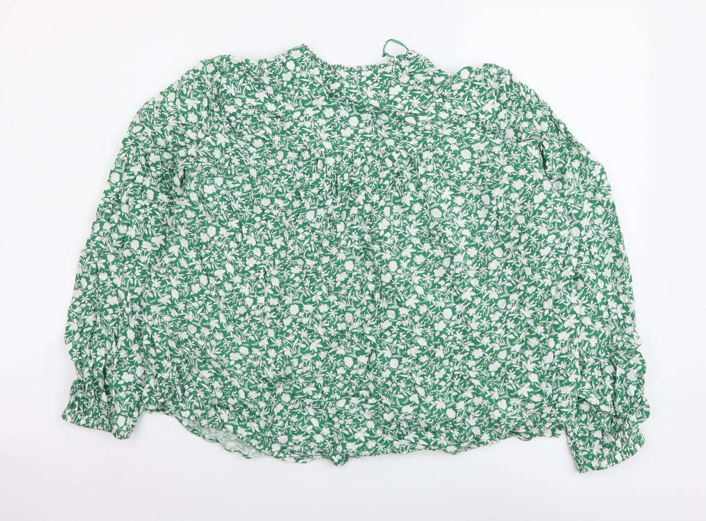 Marks and Spencer Womens Green Floral Viscose Basic Blouse Size 14 V-Neck