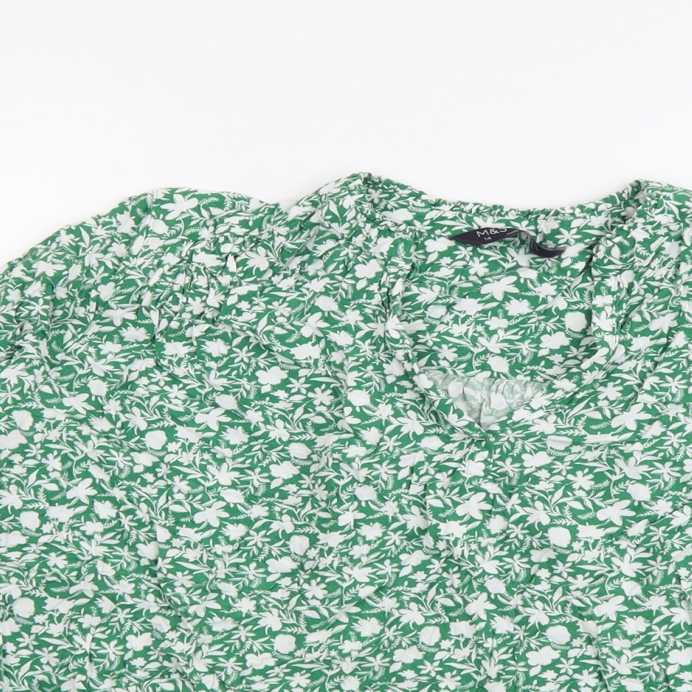 Marks and Spencer Womens Green Floral Viscose Basic Blouse Size 14 V-Neck