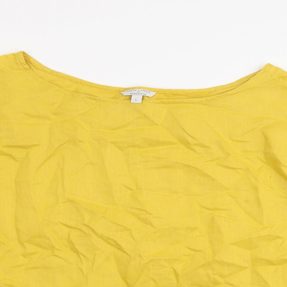 Monsoon Womens Yellow Linen Basic Blouse Size L Boat Neck