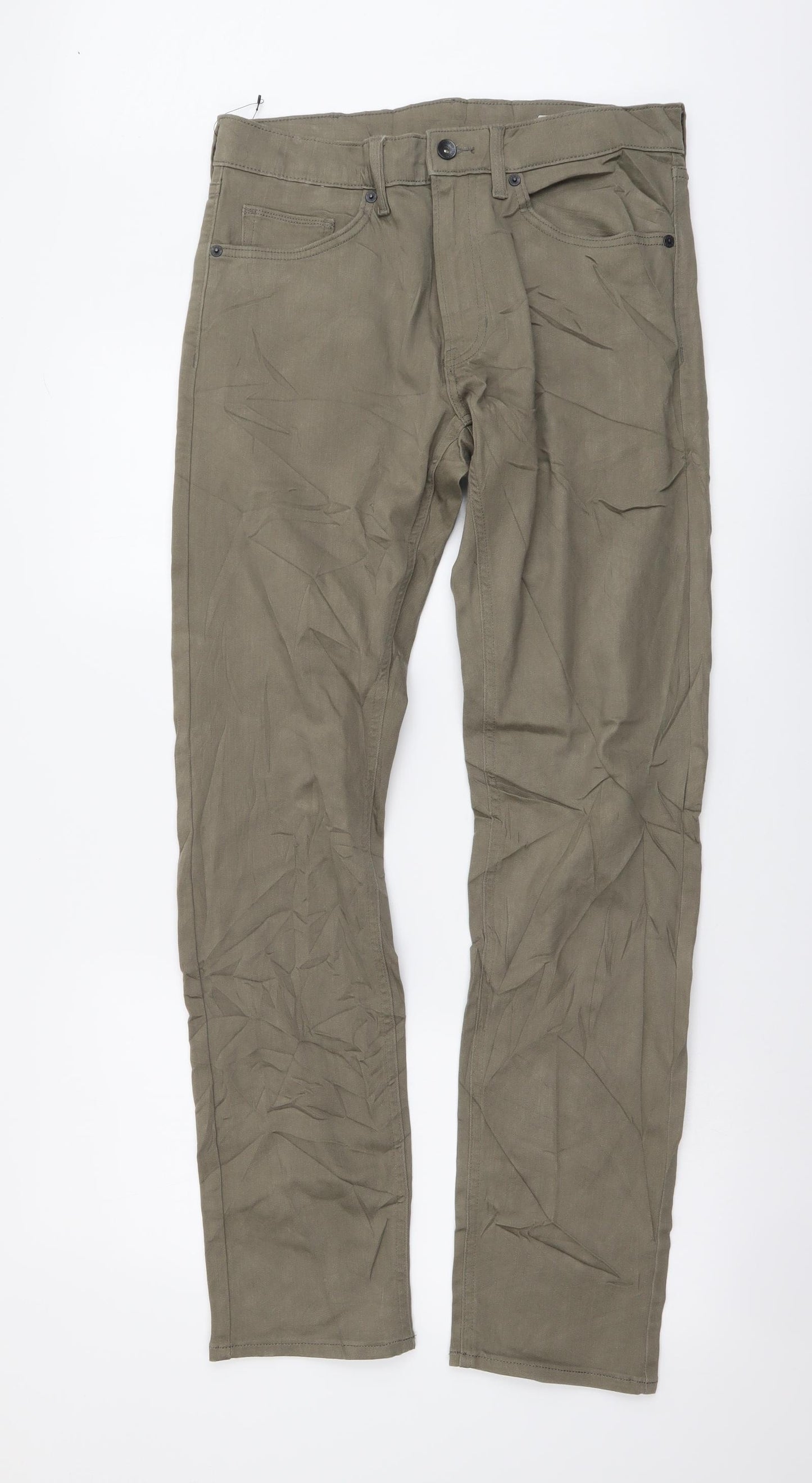 Marks and Spencer Mens Green Cotton Straight Jeans Size 32 in L33 in Regular Button