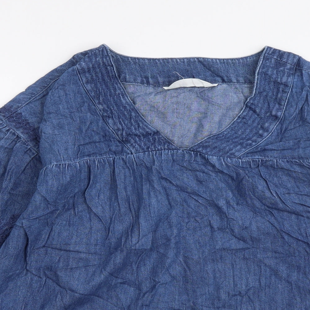 Marks and Spencer Womens Blue Cotton Basic Blouse Size 8 V-Neck