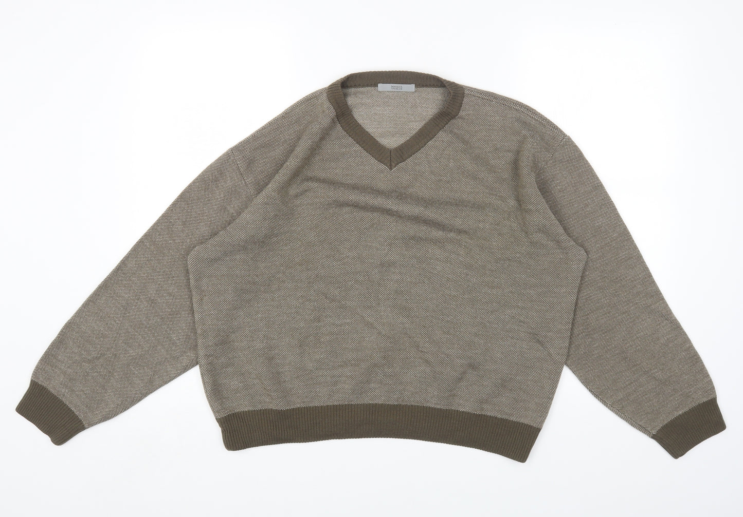 Marks and Spencer Mens Beige V-Neck Acrylic Pullover Jumper Size L