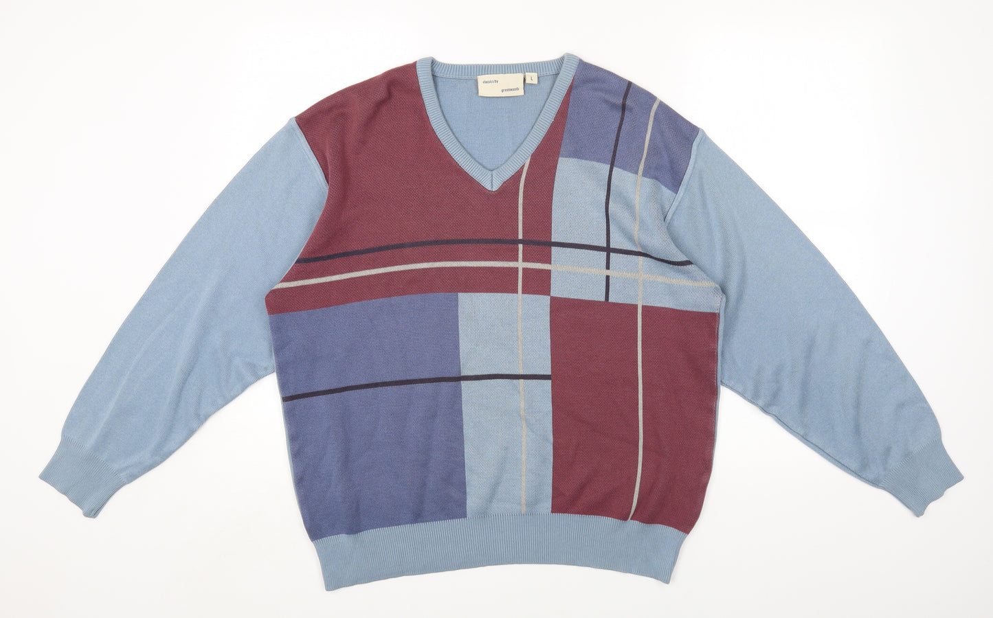 Greenwoods Mens Multicoloured V-Neck Geometric Cotton Pullover Jumper Size L