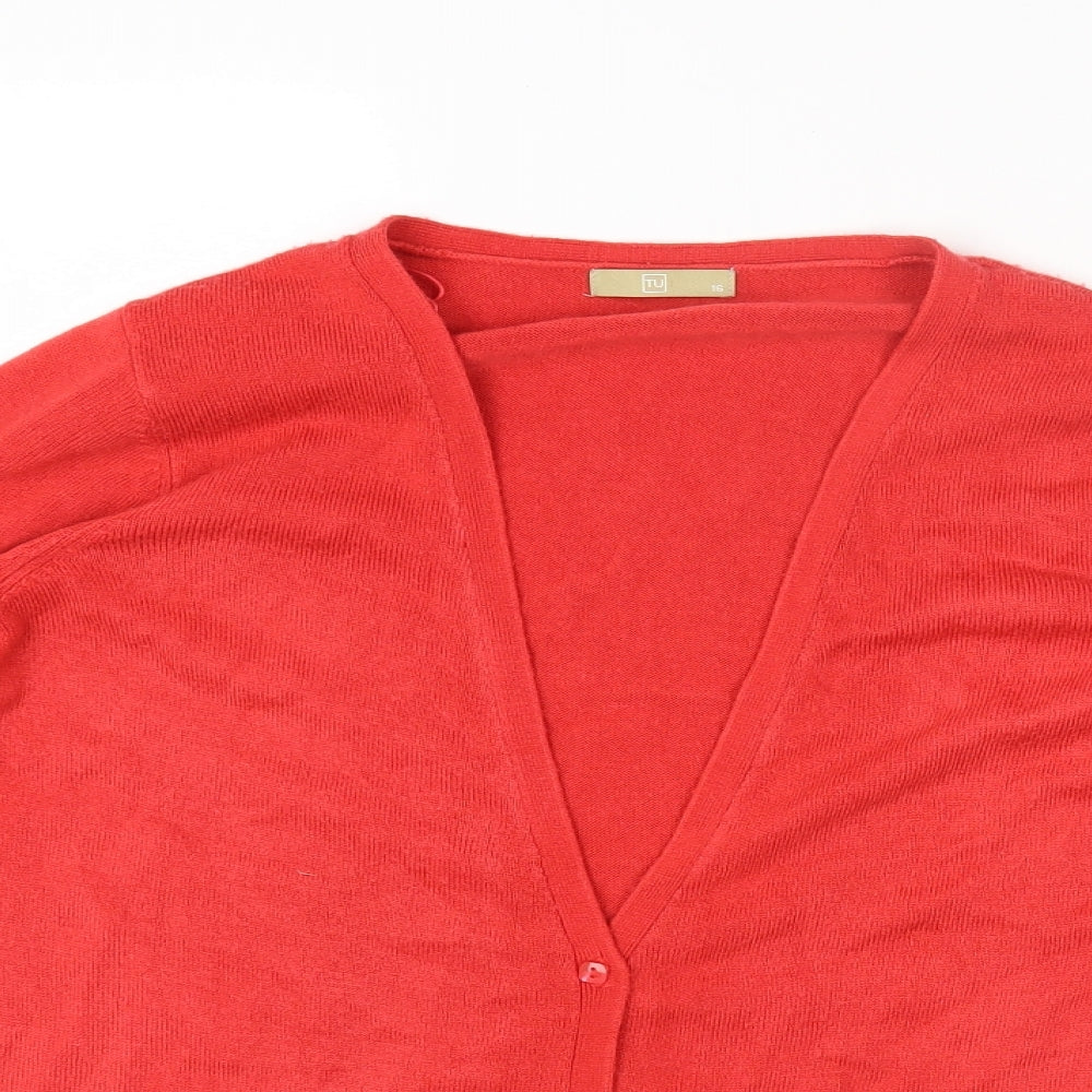 TU Womens Red Scoop Neck Acrylic Cardigan Jumper Size 16