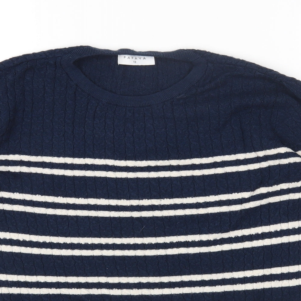 Papaya Womens Blue Round Neck Striped Viscose Pullover Jumper Size 12