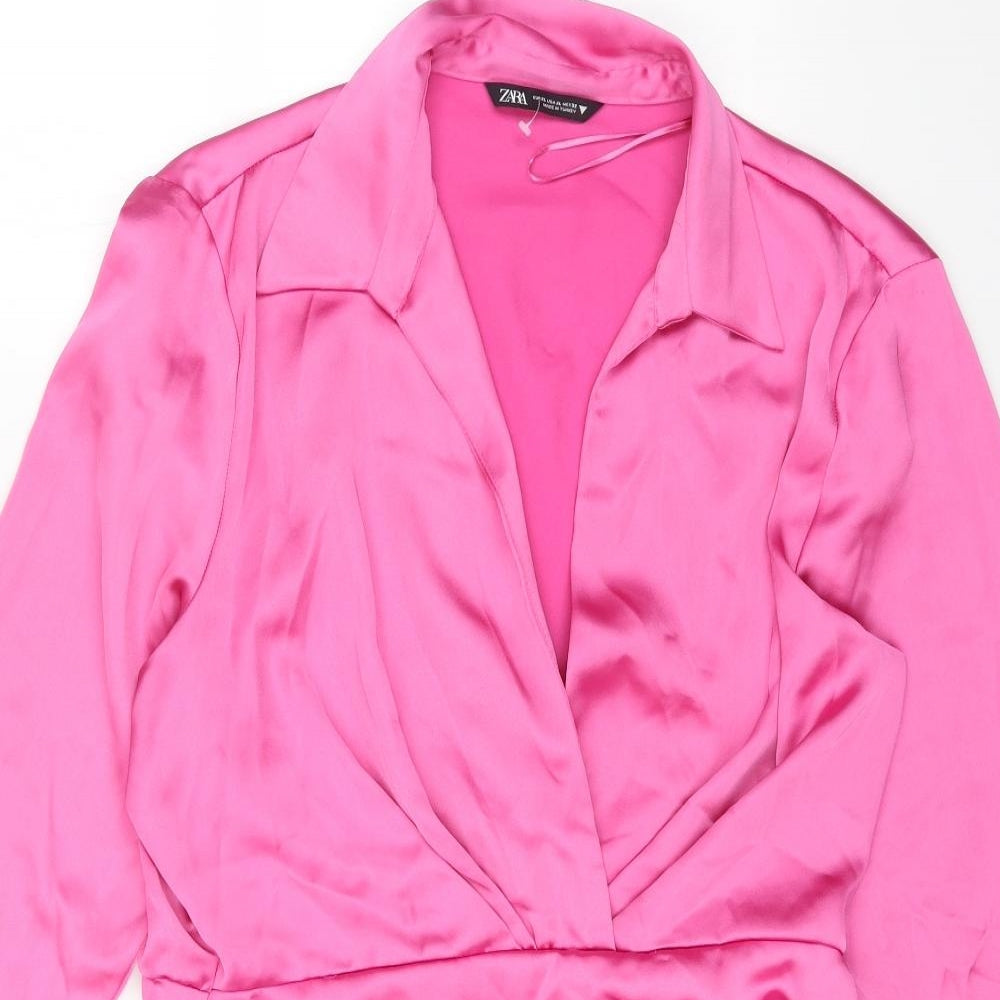 Zara Womens Pink Polyester Fit & Flare Size XL Collared Zip