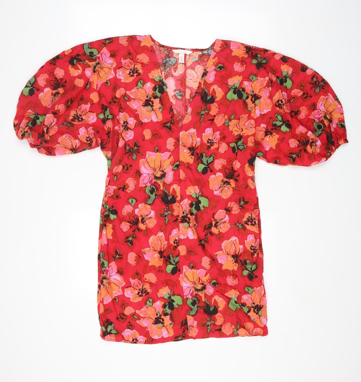 H&M Womens Red Floral Viscose Mini Size S V-Neck Pullover