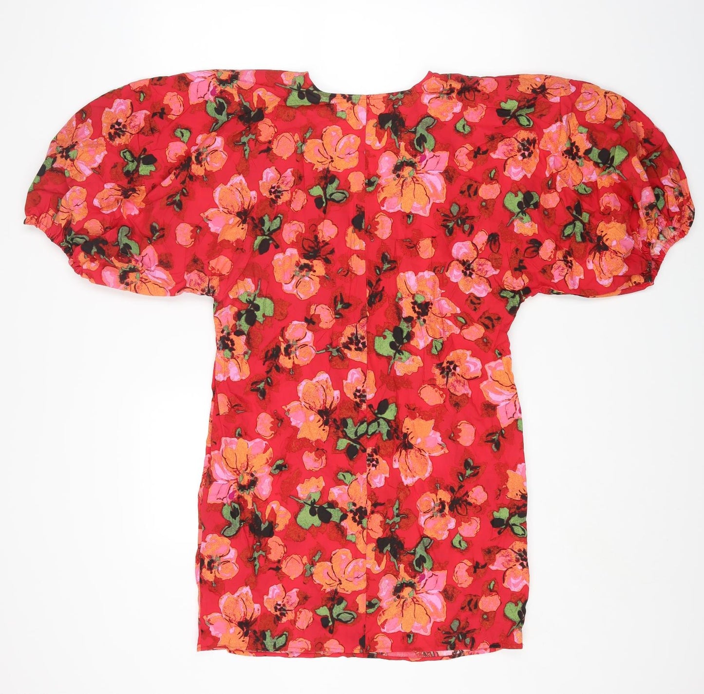 H&M Womens Red Floral Viscose Mini Size S V-Neck Pullover