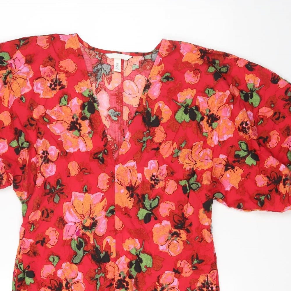 H&M Womens Red Floral Viscose Mini Size S V-Neck Pullover