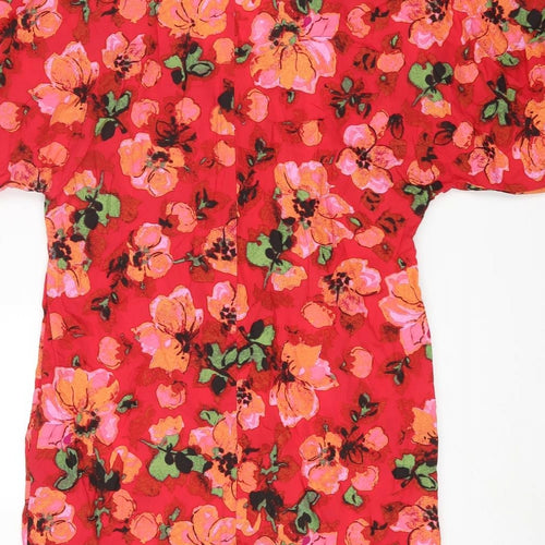 H&M Womens Red Floral Viscose Mini Size S V-Neck Pullover