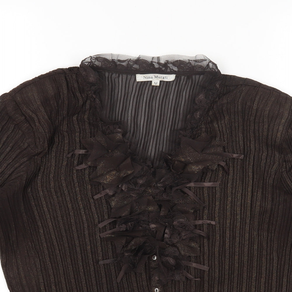 Nina Murati Womens Brown Polyester Basic Blouse Size M V-Neck
