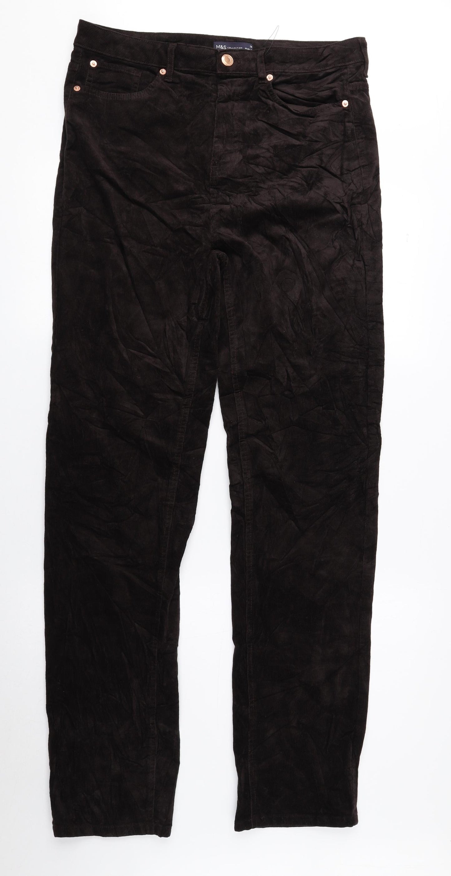 Marks and Spencer Womens Brown Cotton Trousers Size 14 L31 in Regular Zip