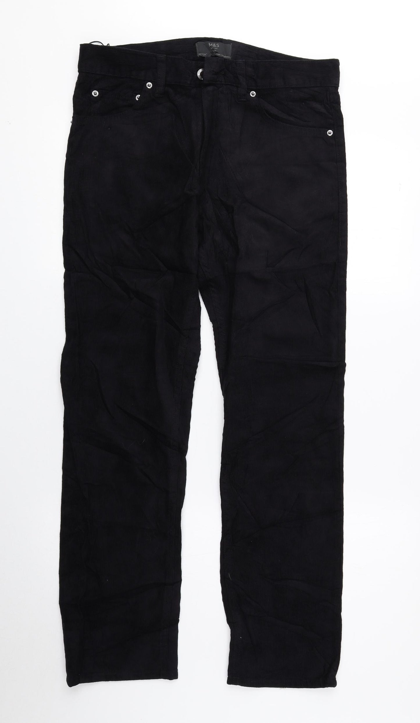 Marks and Spencer Mens Black Cotton Trousers Size 30 in L29 in Regular Zip