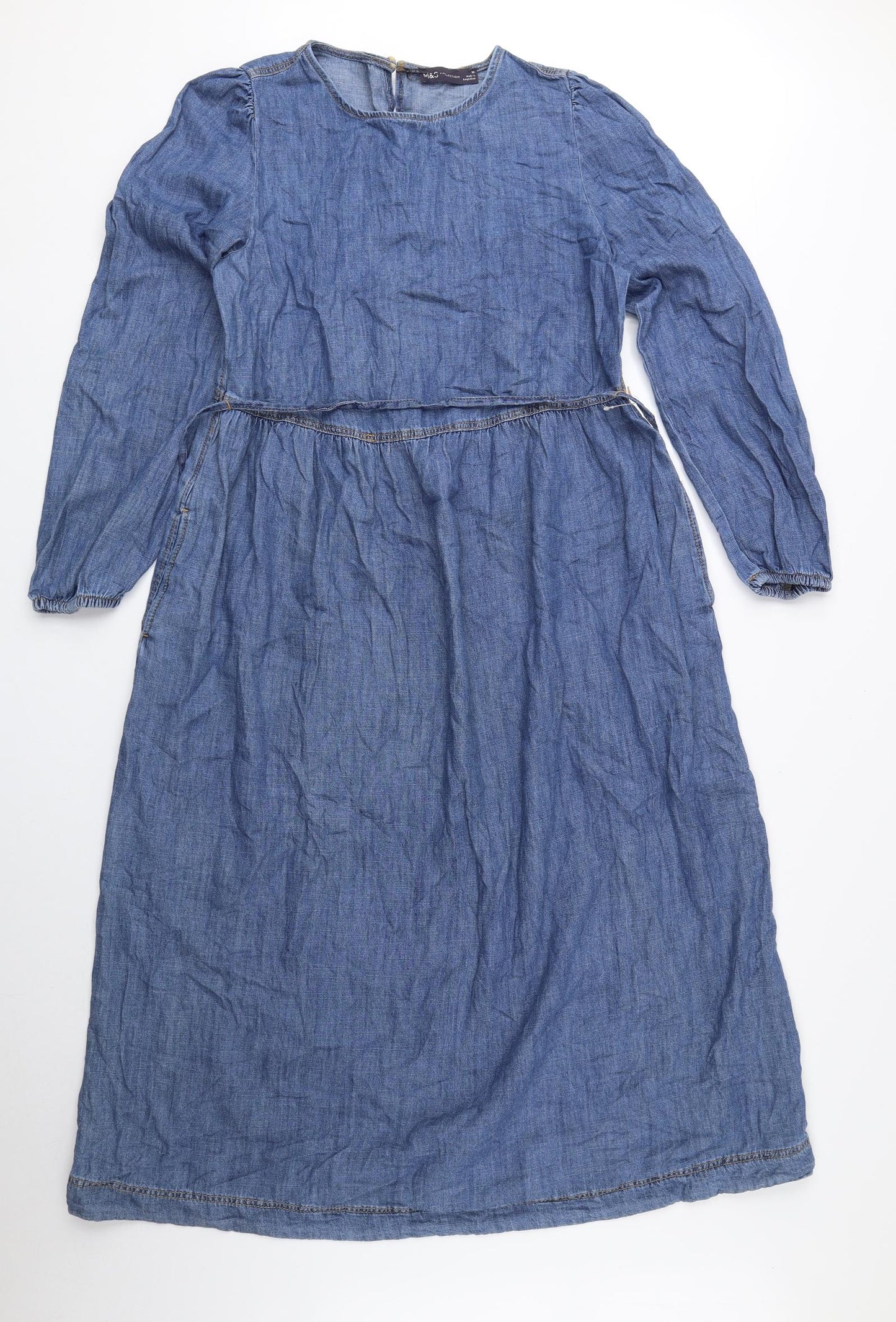 Marks and Spencer Womens Blue 100% Cotton A-Line Size 10 Round Neck Button