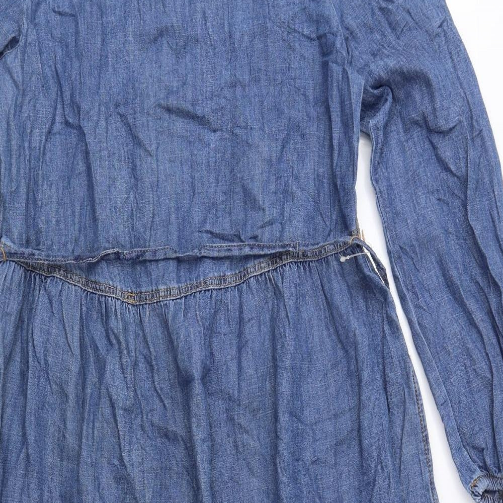 Marks and Spencer Womens Blue 100% Cotton A-Line Size 10 Round Neck Button