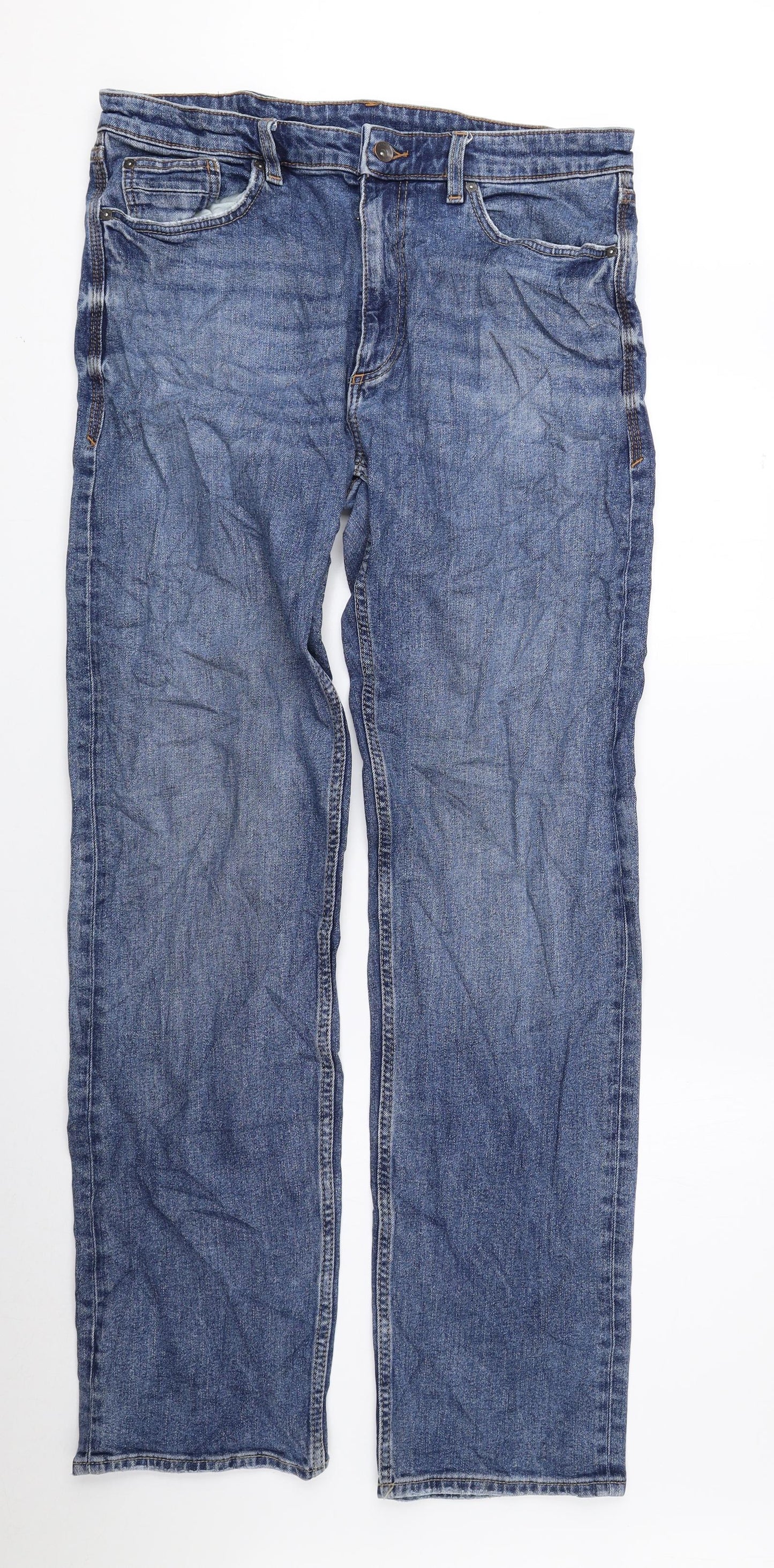 Marks and Spencer Mens Blue Cotton Straight Jeans Size 34 in L33 in Regular Zip