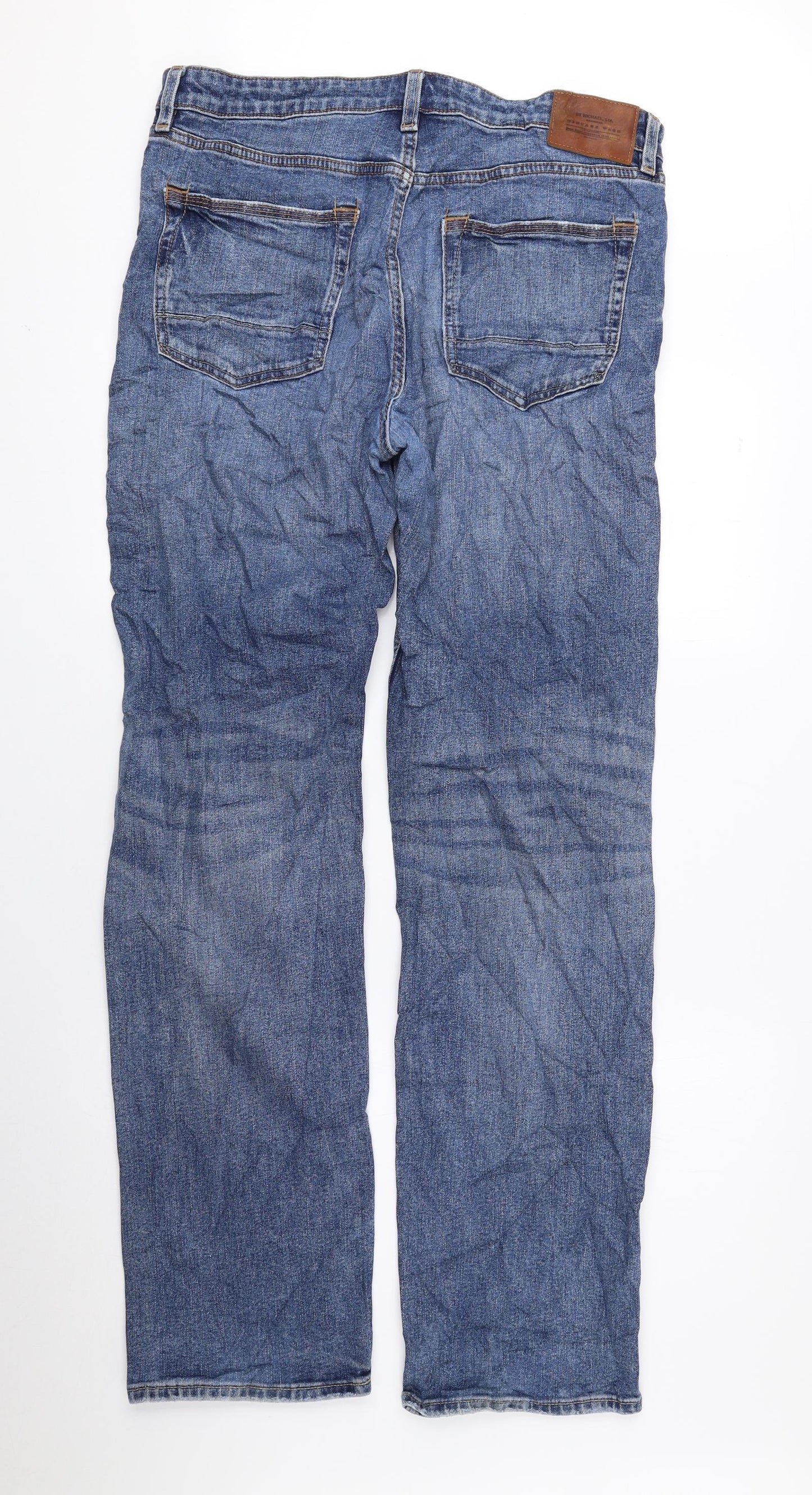 Marks and Spencer Mens Blue Cotton Straight Jeans Size 34 in L33 in Regular Zip