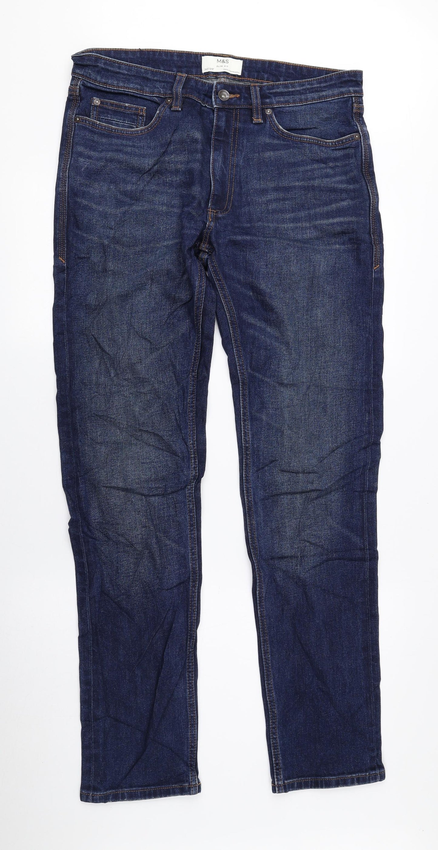 Marks and Spencer Mens Blue Cotton Tapered Jeans Size 32 in L33 in Regular Zip