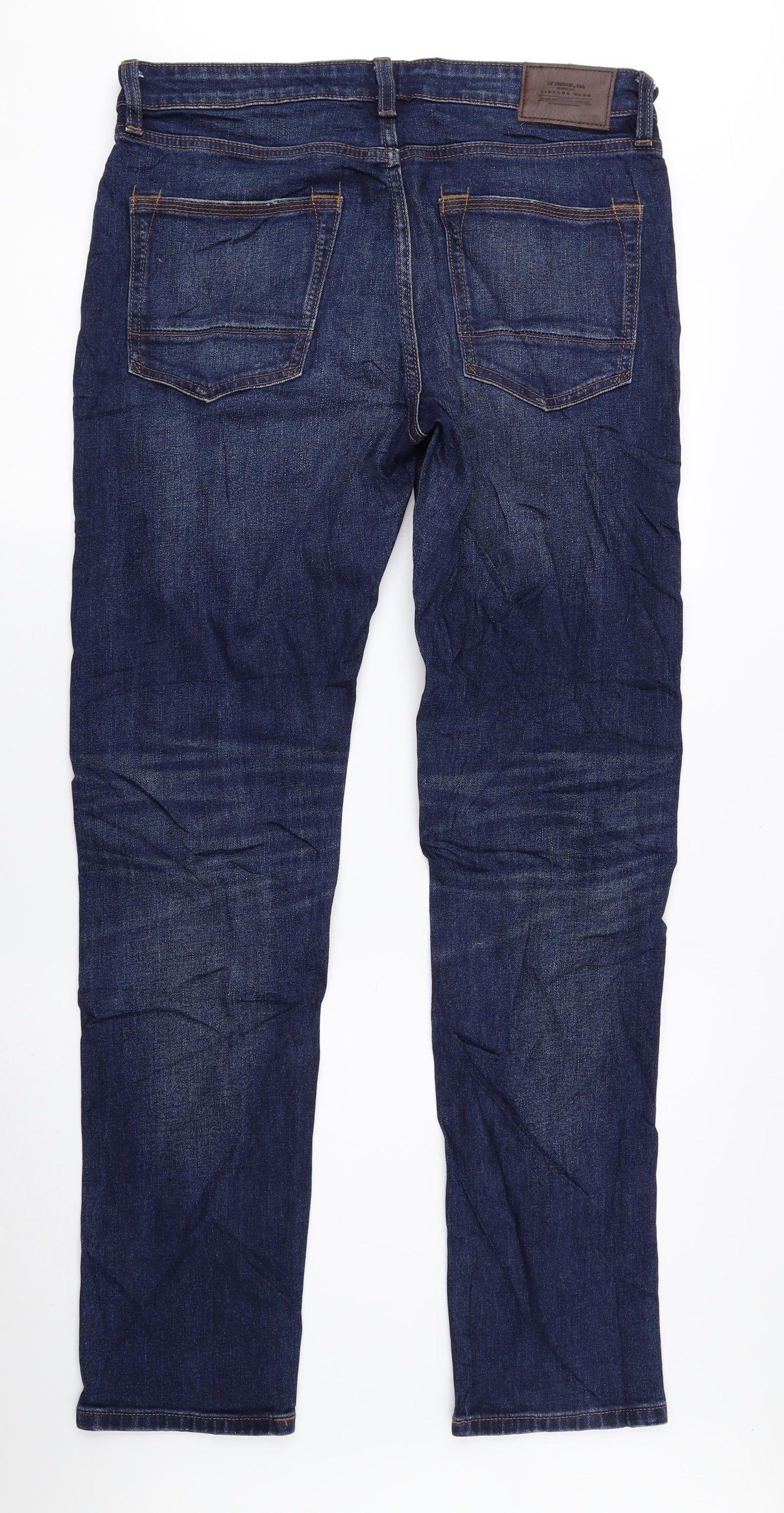 Marks and Spencer Mens Blue Cotton Tapered Jeans Size 32 in L33 in Regular Zip