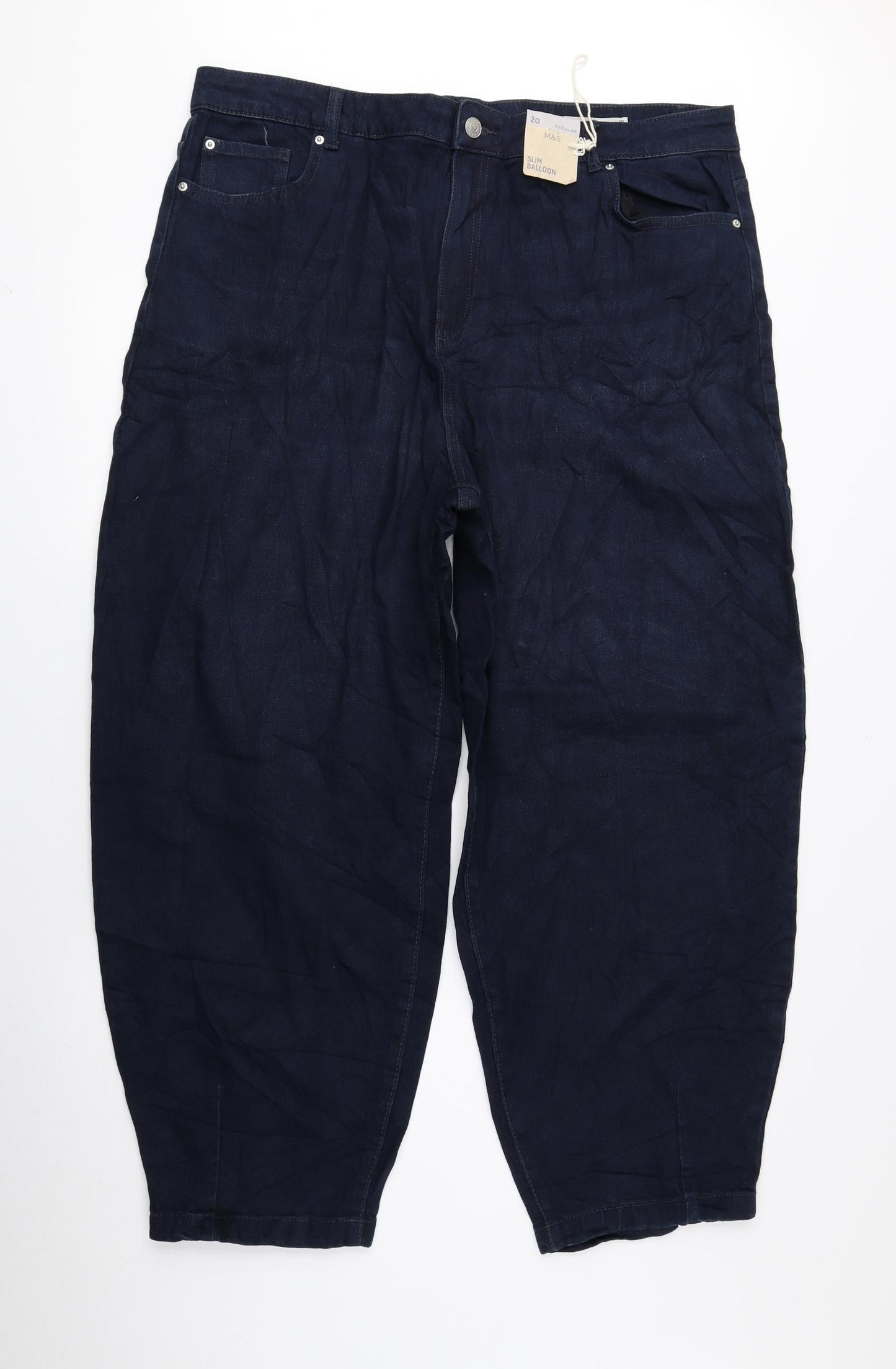 Marks and Spencer Womens Blue Cotton Tapered Jeans Size 20 L26 in Regular Zip - Slim Balloon Style