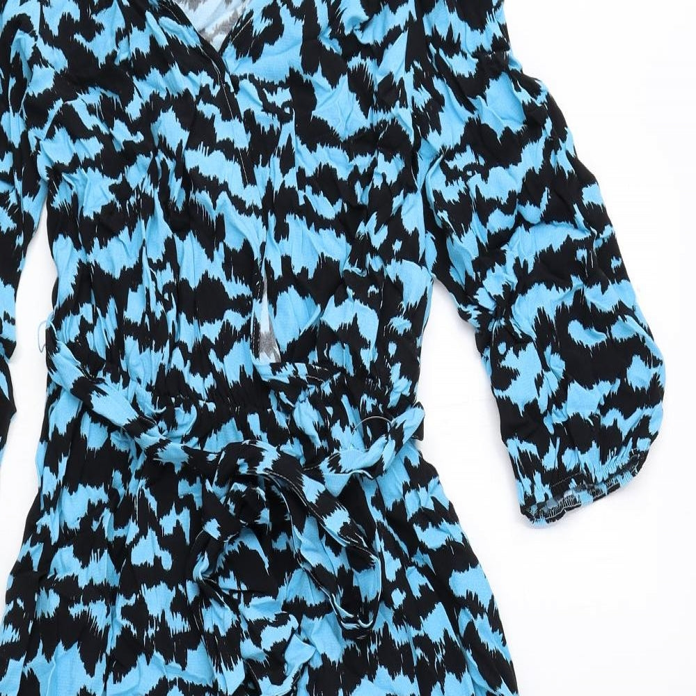 Marks and Spencer Womens Blue Geometric Viscose Fit & Flare Size 6 V-Neck Pullover