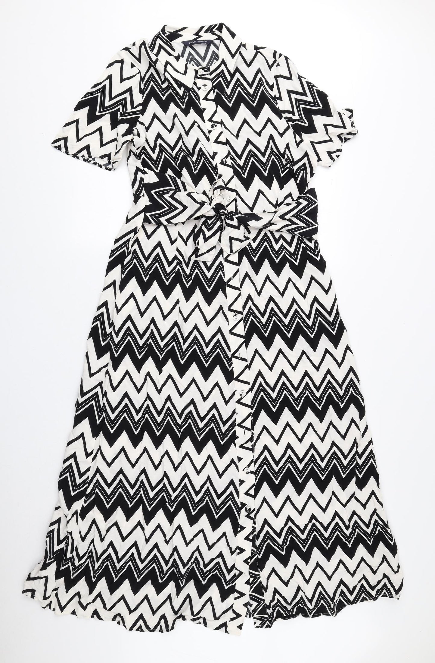 Marks and Spencer Womens Black Geometric Viscose Fit & Flare Size 10 Collared Button