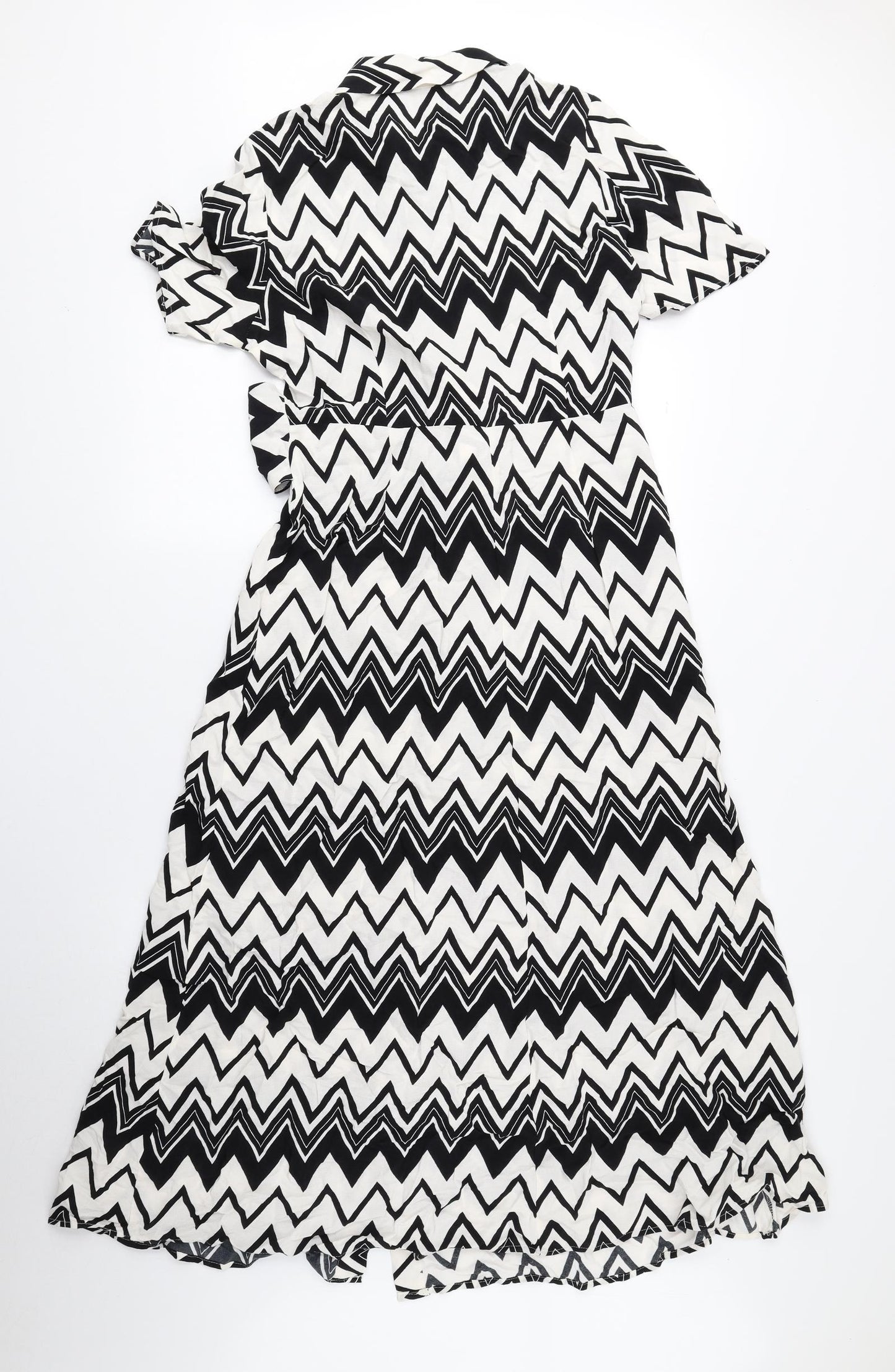 Marks and Spencer Womens Black Geometric Viscose Fit & Flare Size 10 Collared Button