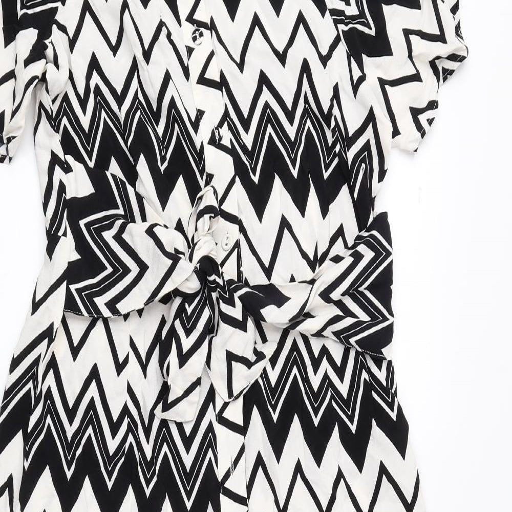Marks and Spencer Womens Black Geometric Viscose Fit & Flare Size 10 Collared Button