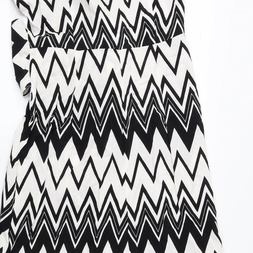 Marks and Spencer Womens Black Geometric Viscose Fit & Flare Size 10 Collared Button