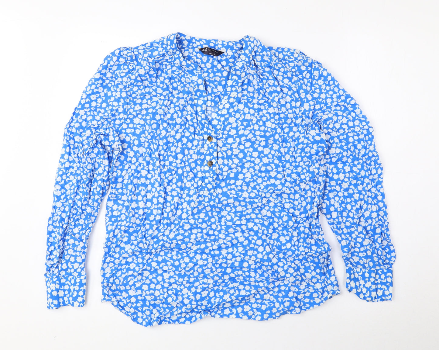 Marks and Spencer Womens Blue Floral Polyester Basic Blouse Size 8 V-Neck