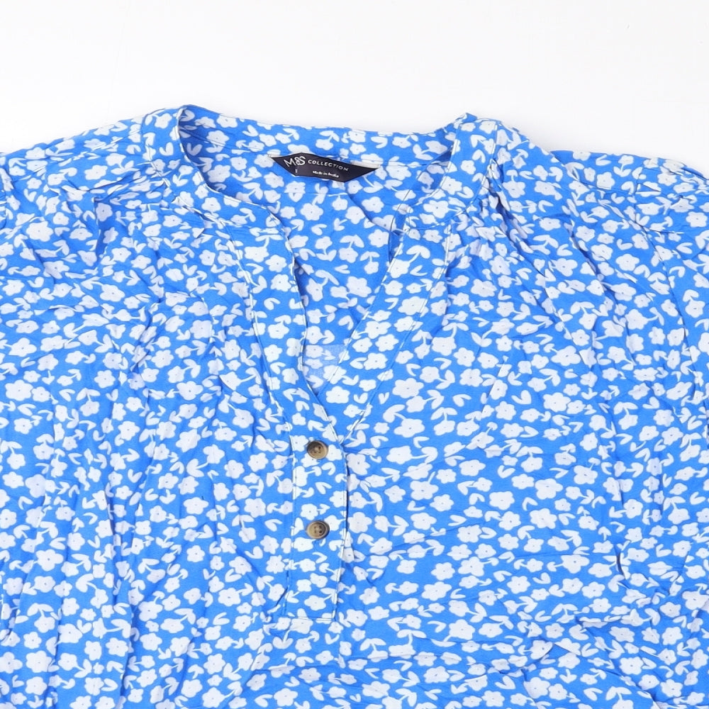 Marks and Spencer Womens Blue Floral Polyester Basic Blouse Size 8 V-Neck