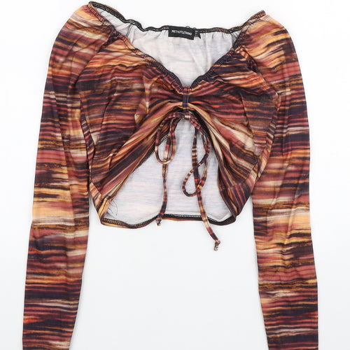 PRETTYLITTLETHING Womens Multicoloured Geometric Polyester Cropped Blouse Size 10 V-Neck - Ruched front