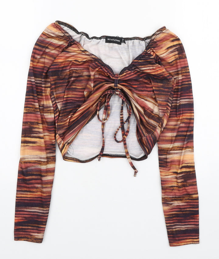 PRETTYLITTLETHING Womens Multicoloured Geometric Polyester Cropped Blouse Size 10 V-Neck - Ruched front
