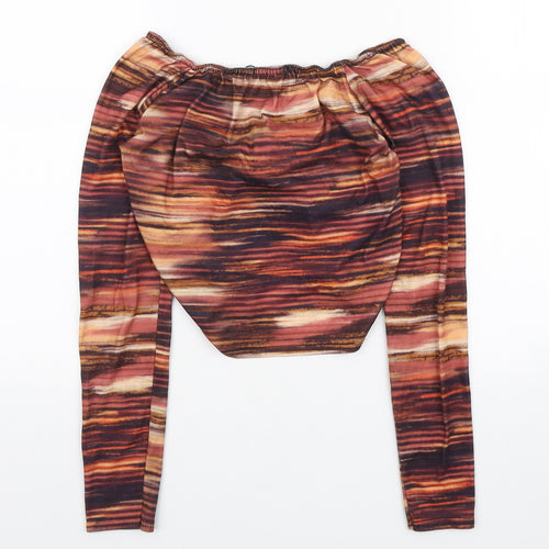 PRETTYLITTLETHING Womens Multicoloured Geometric Polyester Cropped Blouse Size 10 V-Neck - Ruched front