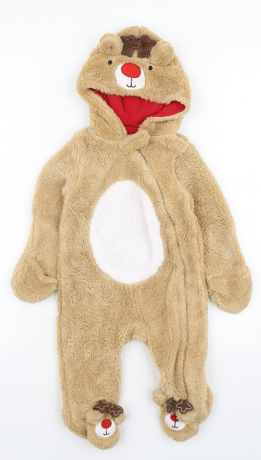 Primark Baby Brown Solid Polyester One Piece Size 6-9 Months Zip - Reindeer Christmas onesie