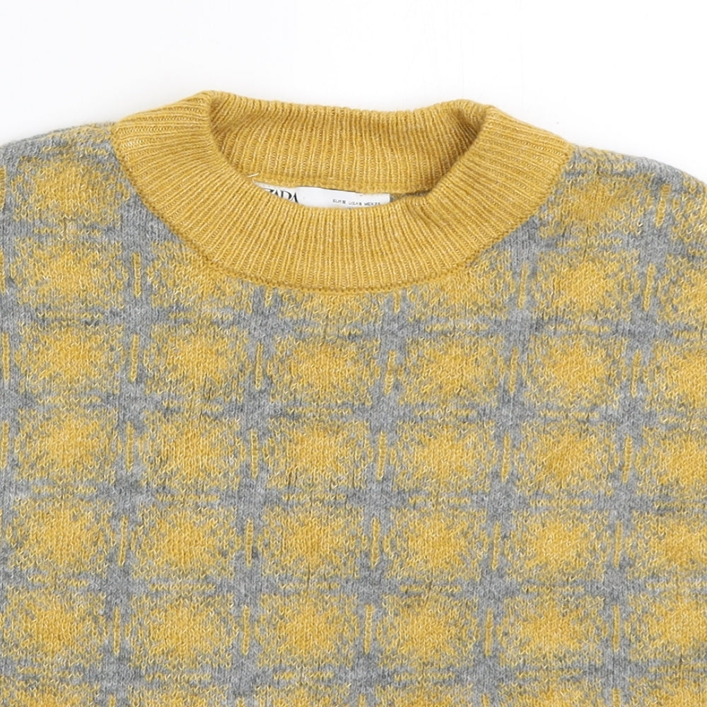 Zara Womens Yellow Round Neck Geometric Acrylic Vest Jumper Size S