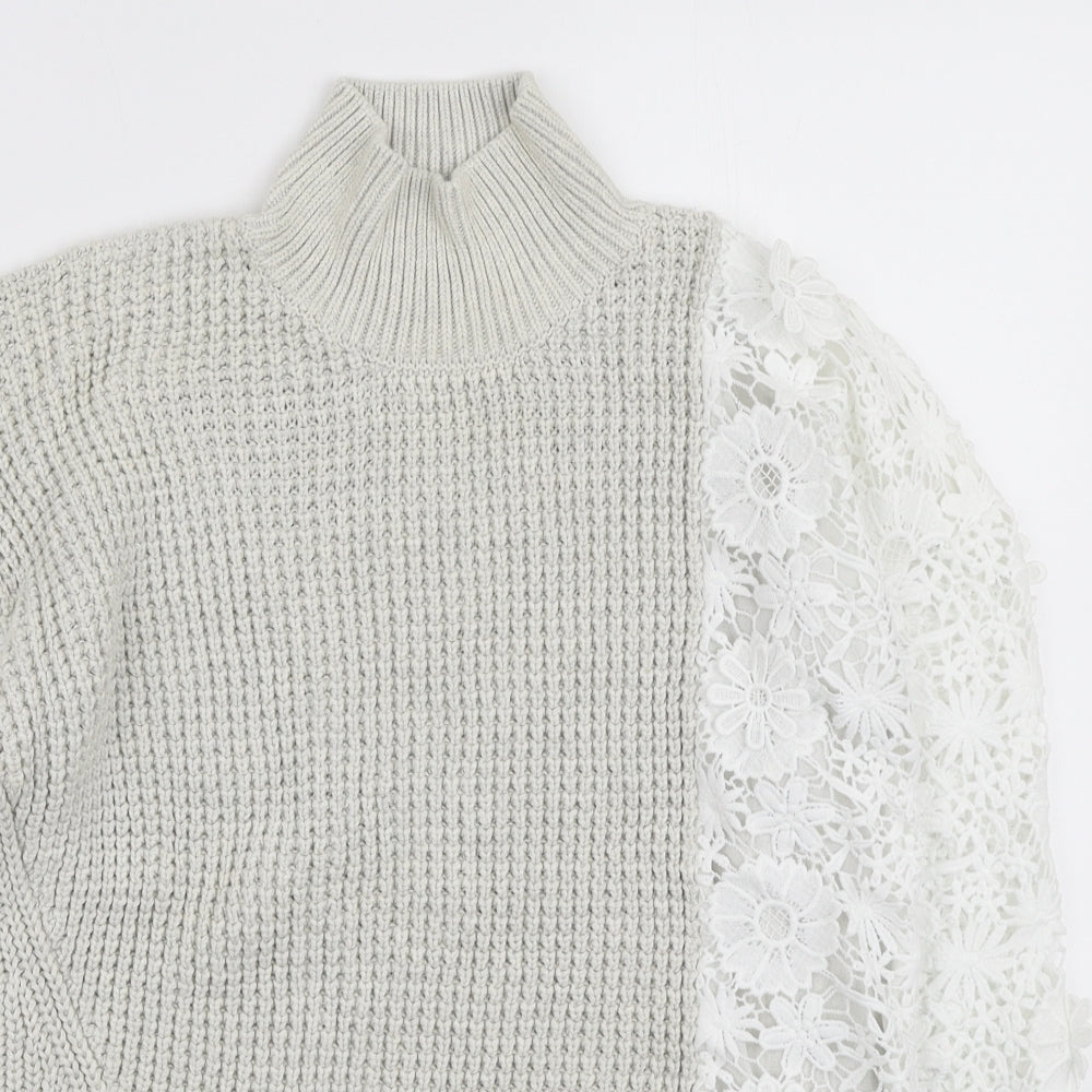 French Connection Womens Ivory High Neck Polyester Pullover Jumper Size XS - Floral Lace Detail
