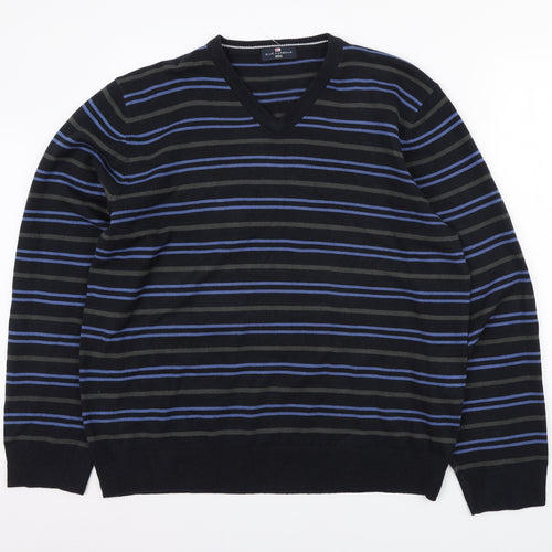 Blue Harbour Mens Blue V-Neck Striped Acrylic Pullover Jumper Size XL