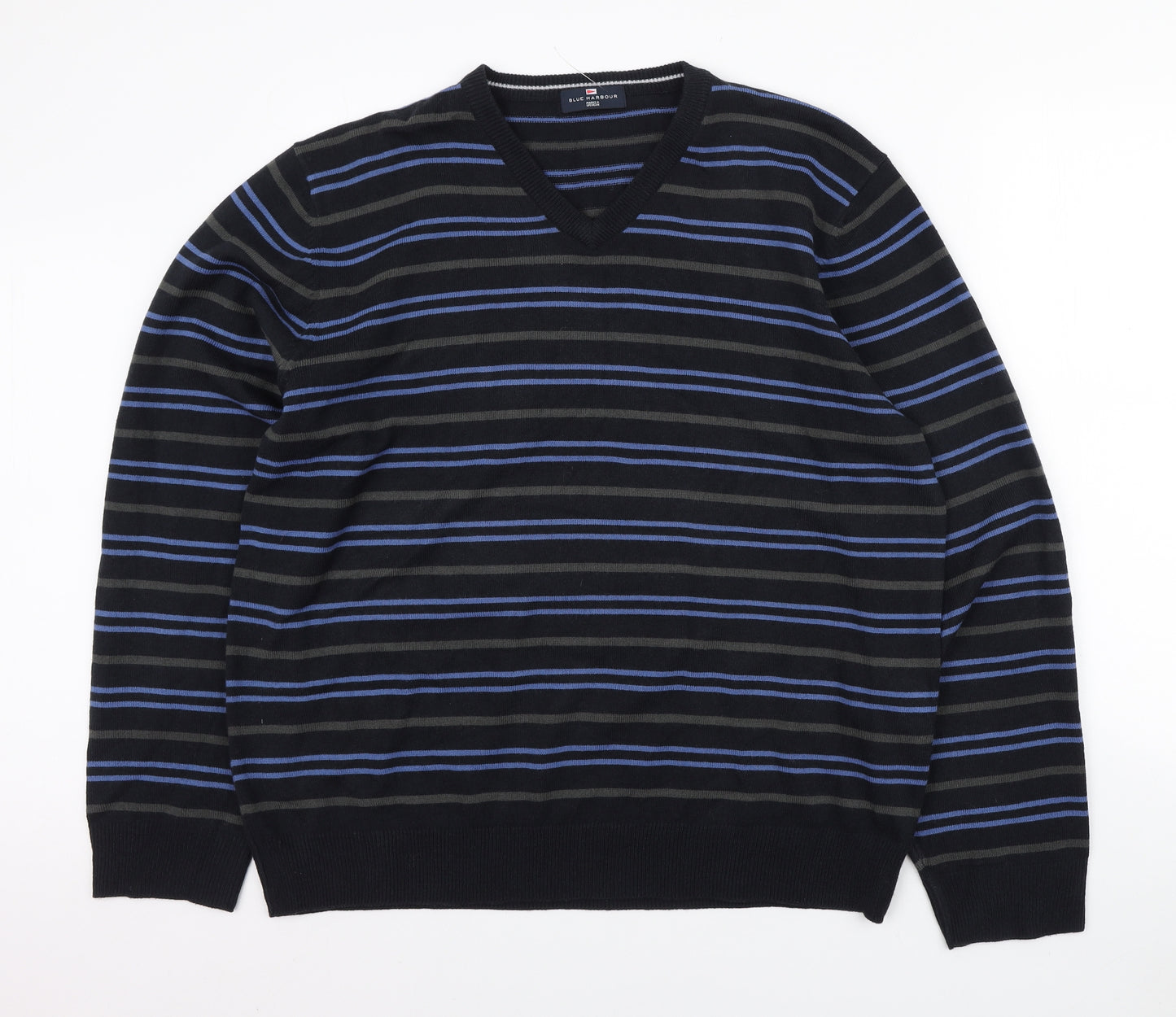 Blue Harbour Mens Blue V-Neck Striped Acrylic Pullover Jumper Size XL