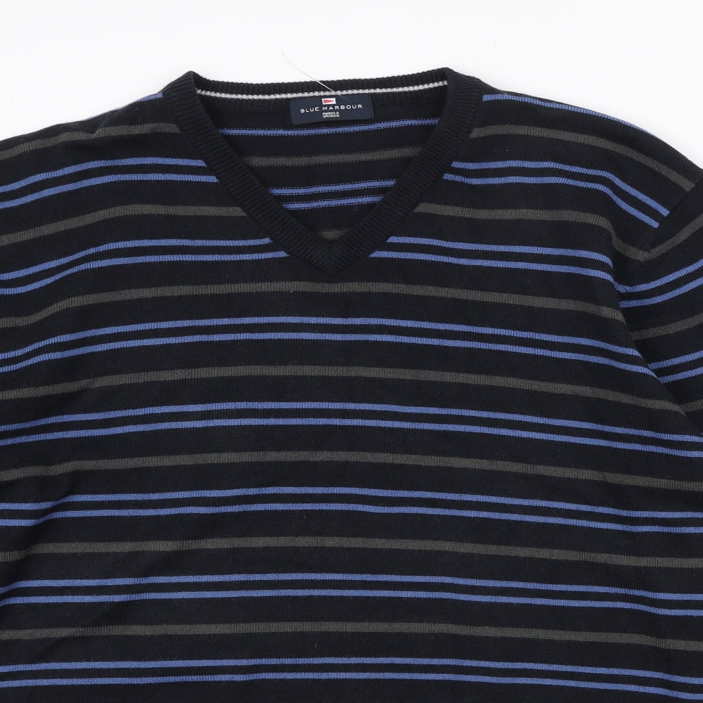 Blue Harbour Mens Blue V-Neck Striped Acrylic Pullover Jumper Size XL