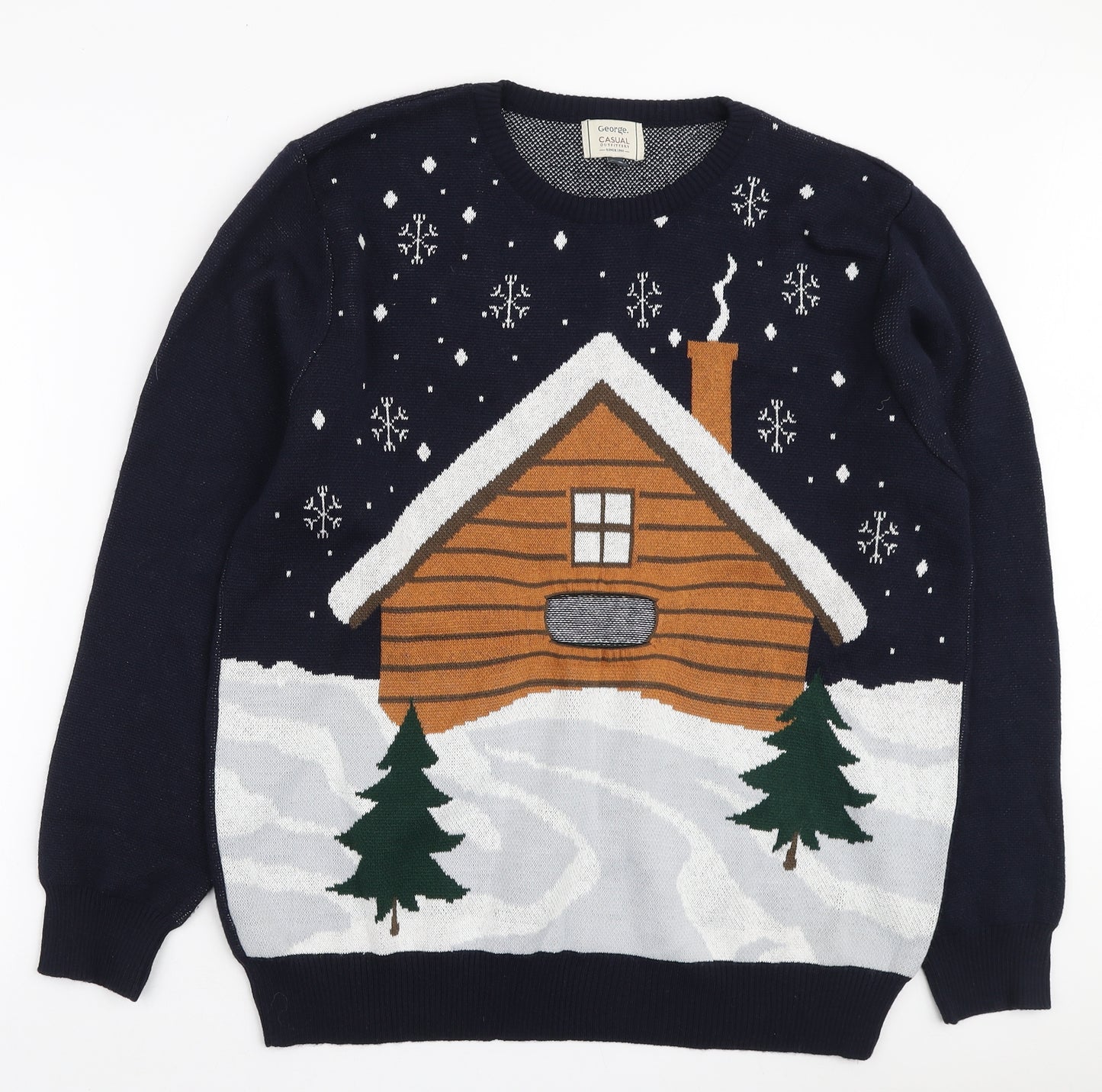 George Mens Blue Round Neck Acrylic Pullover Jumper Size L - Christmas Log Cabin