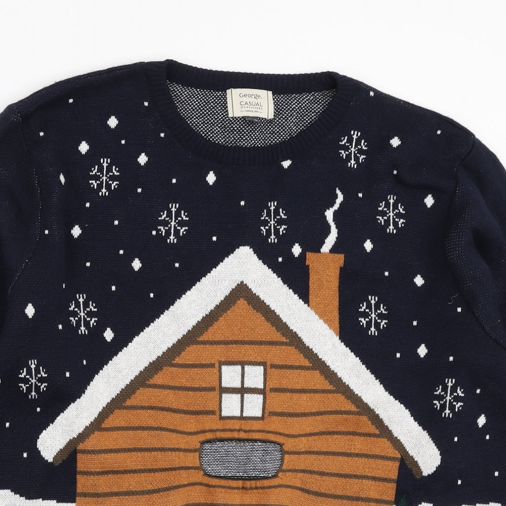 George Mens Blue Round Neck Acrylic Pullover Jumper Size L - Christmas Log Cabin