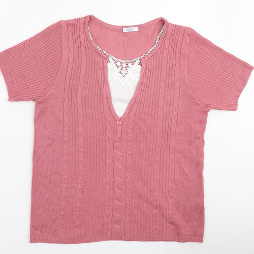 Damart Womens Pink Polyester Basic T-Shirt Size 10 V-Neck - Lace Neckline