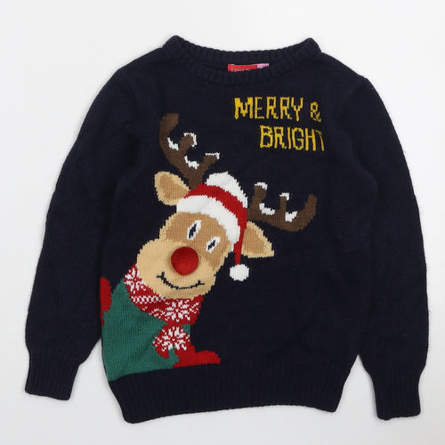 Lily & Dan Boys Blue Round Neck Acrylic Pullover Jumper Size 5-6 Years Pullover - Merry & Bright Raindeer