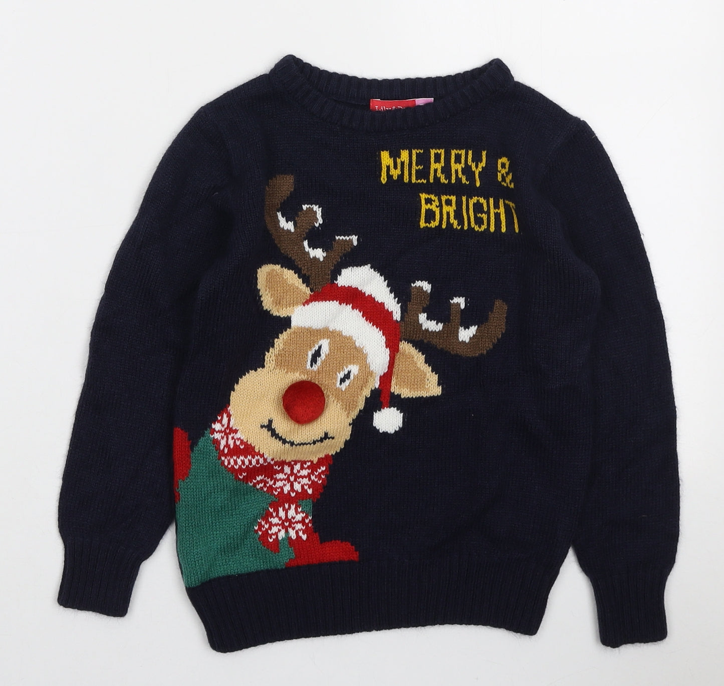 Lily & Dan Boys Blue Round Neck Acrylic Pullover Jumper Size 5-6 Years Pullover - Merry & Bright Raindeer