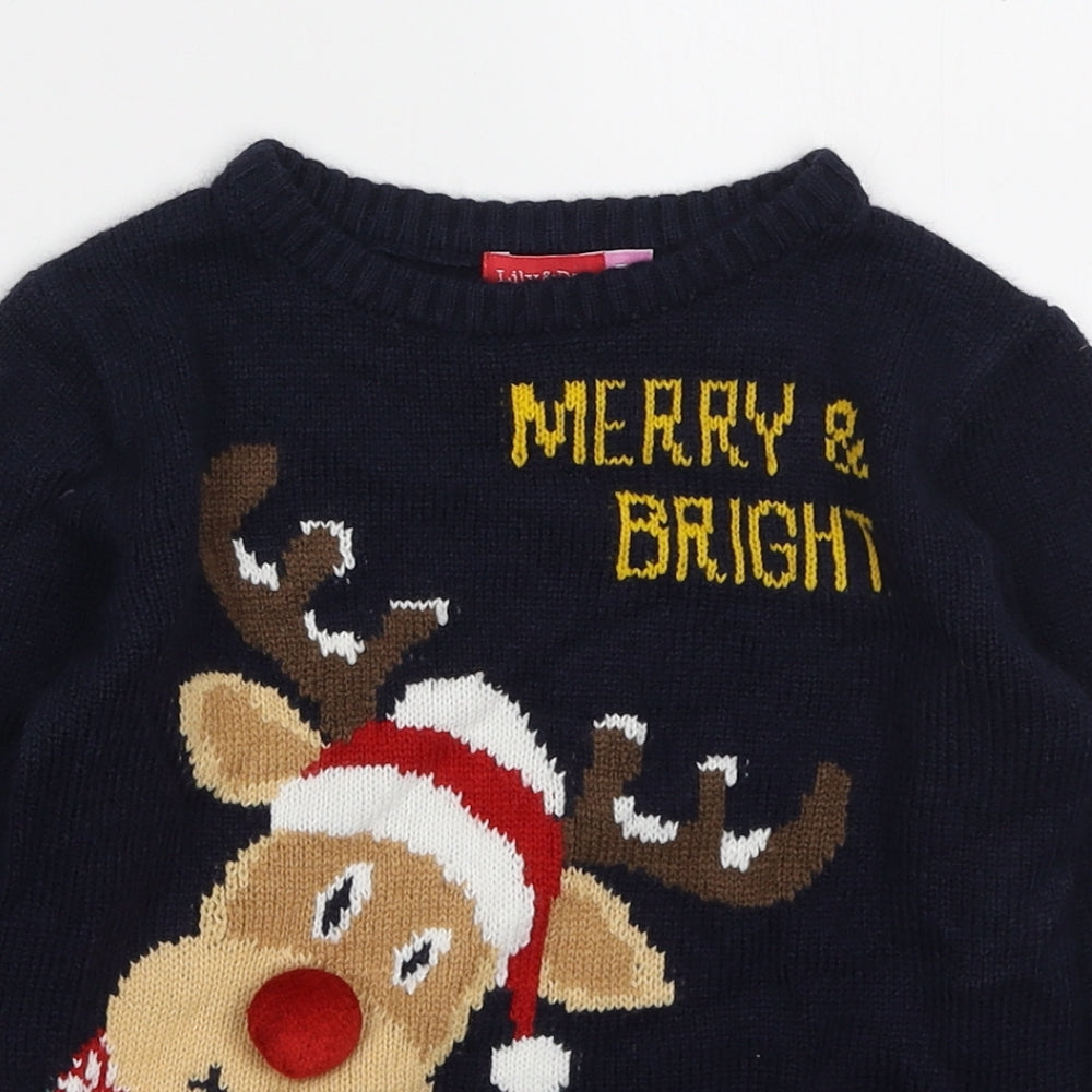 Lily & Dan Boys Blue Round Neck Acrylic Pullover Jumper Size 5-6 Years Pullover - Merry & Bright Raindeer